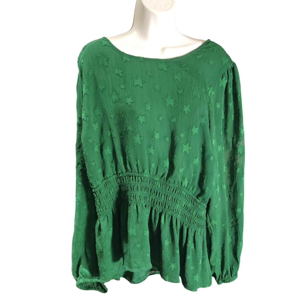 Torrid 4X Green Crinkle Chiffon Star Smocked Waist Puff Sleeve Blouse Top Plus - Picture 7 of 8